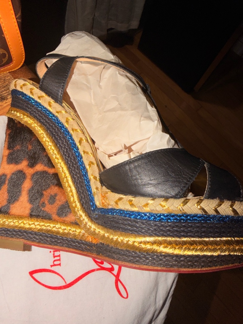 Christian Louboutin Black Leather Wedge Sandals with Leopard and Gold Trim